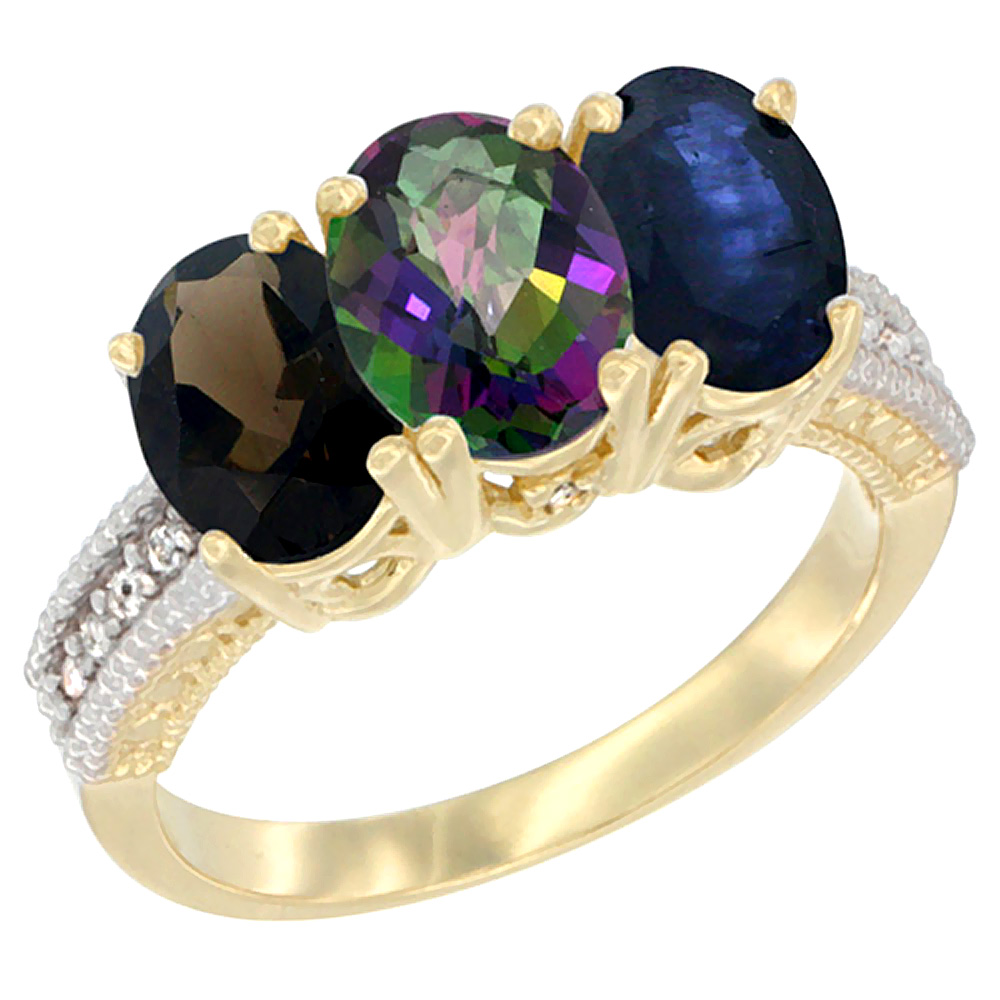 14K Yellow Gold Natural Smoky Topaz, Mystic Topaz & Blue Sapphire Ring 3-Stone 7x5 mm Oval Diamond Accent, sizes 5 - 10