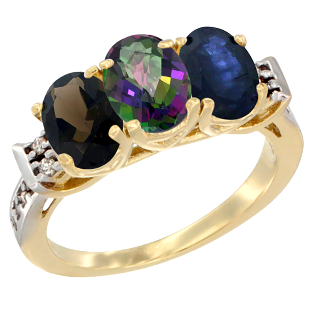 14K Yellow Gold Natural Smoky Topaz, Mystic Topaz &amp; Blue Sapphire Ring 3-Stone Oval 7x5 mm Diamond Accent, sizes 5 - 10