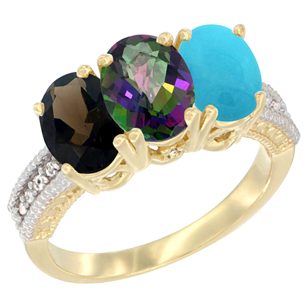14K Yellow Gold Natural Smoky Topaz, Mystic Topaz &amp; Turquoise Ring 3-Stone 7x5 mm Oval Diamond Accent, sizes 5 - 10