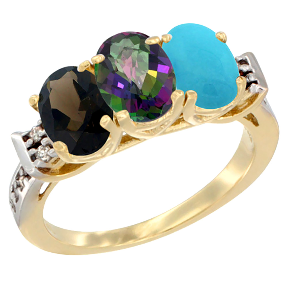 10K Yellow Gold Natural Smoky Topaz, Mystic Topaz &amp; Turquoise Ring 3-Stone Oval 7x5 mm Diamond Accent, sizes 5 - 10