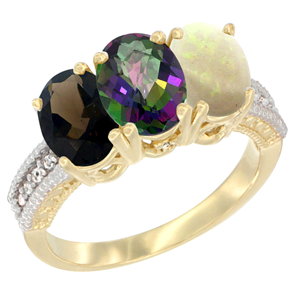 14K Yellow Gold Natural Smoky Topaz, Mystic Topaz &amp; Opal Ring 3-Stone 7x5 mm Oval Diamond Accent, sizes 5 - 10