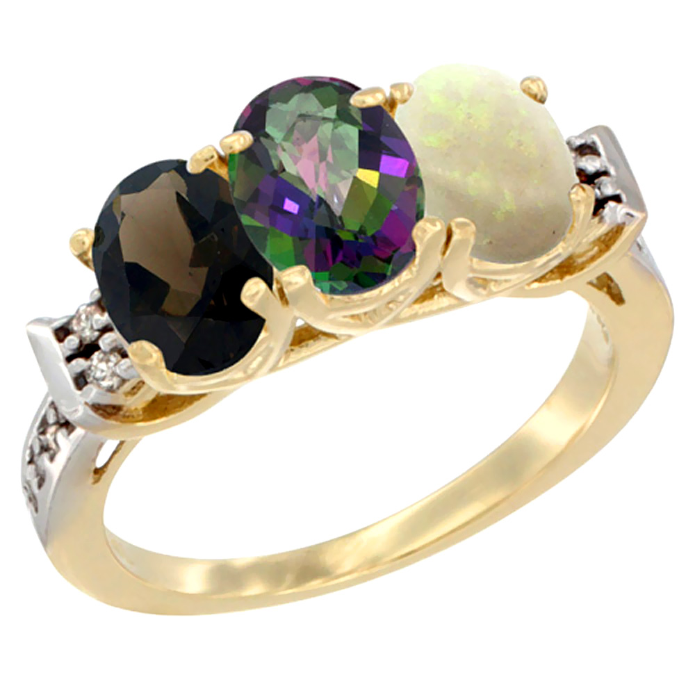 10K Yellow Gold Natural Smoky Topaz, Mystic Topaz &amp; Opal Ring 3-Stone Oval 7x5 mm Diamond Accent, sizes 5 - 10