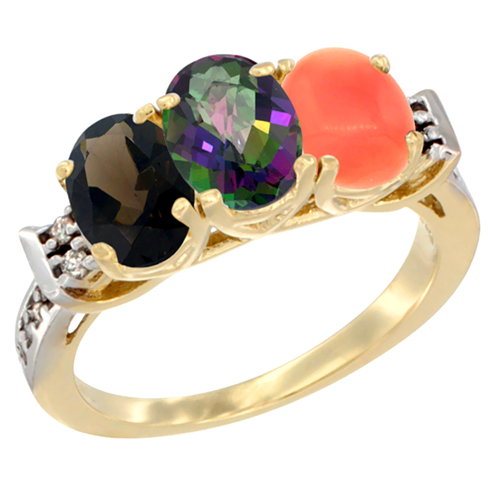 10K Yellow Gold Natural Smoky Topaz, Mystic Topaz &amp; Coral Ring 3-Stone Oval 7x5 mm Diamond Accent, sizes 5 - 10