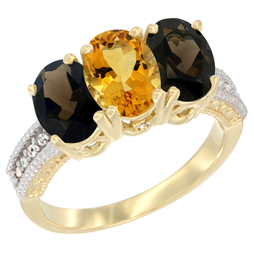 14K Yellow Gold Natural Citrine &amp; Smoky Topaz Ring 3-Stone 7x5 mm Oval Diamond Accent, sizes 5 - 10