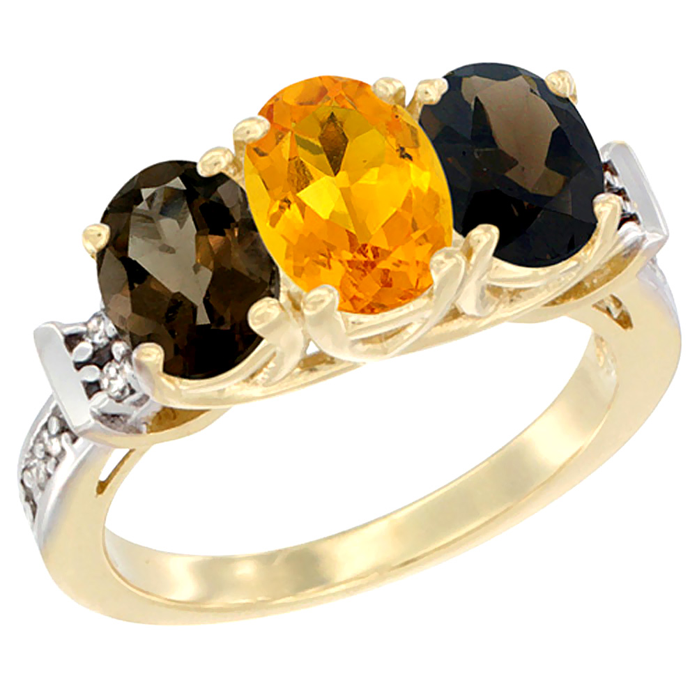 14K Yellow Gold Natural Citrine &amp; Smoky Topaz Sides Ring 3-Stone Oval Diamond Accent, sizes 5 - 10