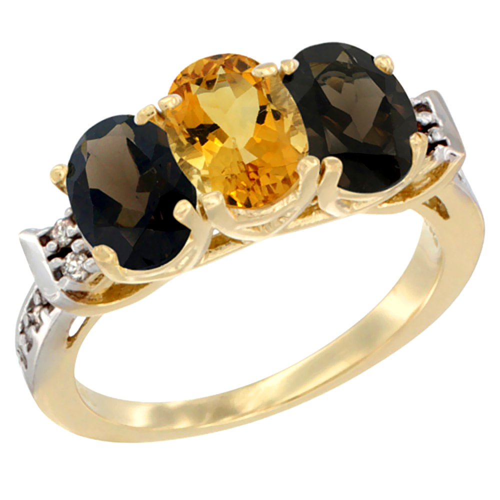 10K Yellow Gold Natural Citrine & Smoky Topaz Sides Ring 3-Stone Oval 7x5 mm Diamond Accent, sizes 5 - 10