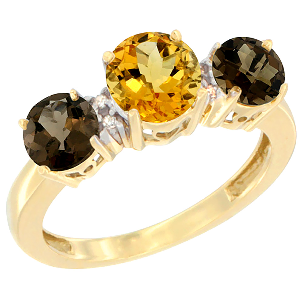 10K Yellow Gold Round 3-Stone Natural Citrine Ring &amp; Smoky Topaz Sides Diamond Accent, sizes 5 - 10