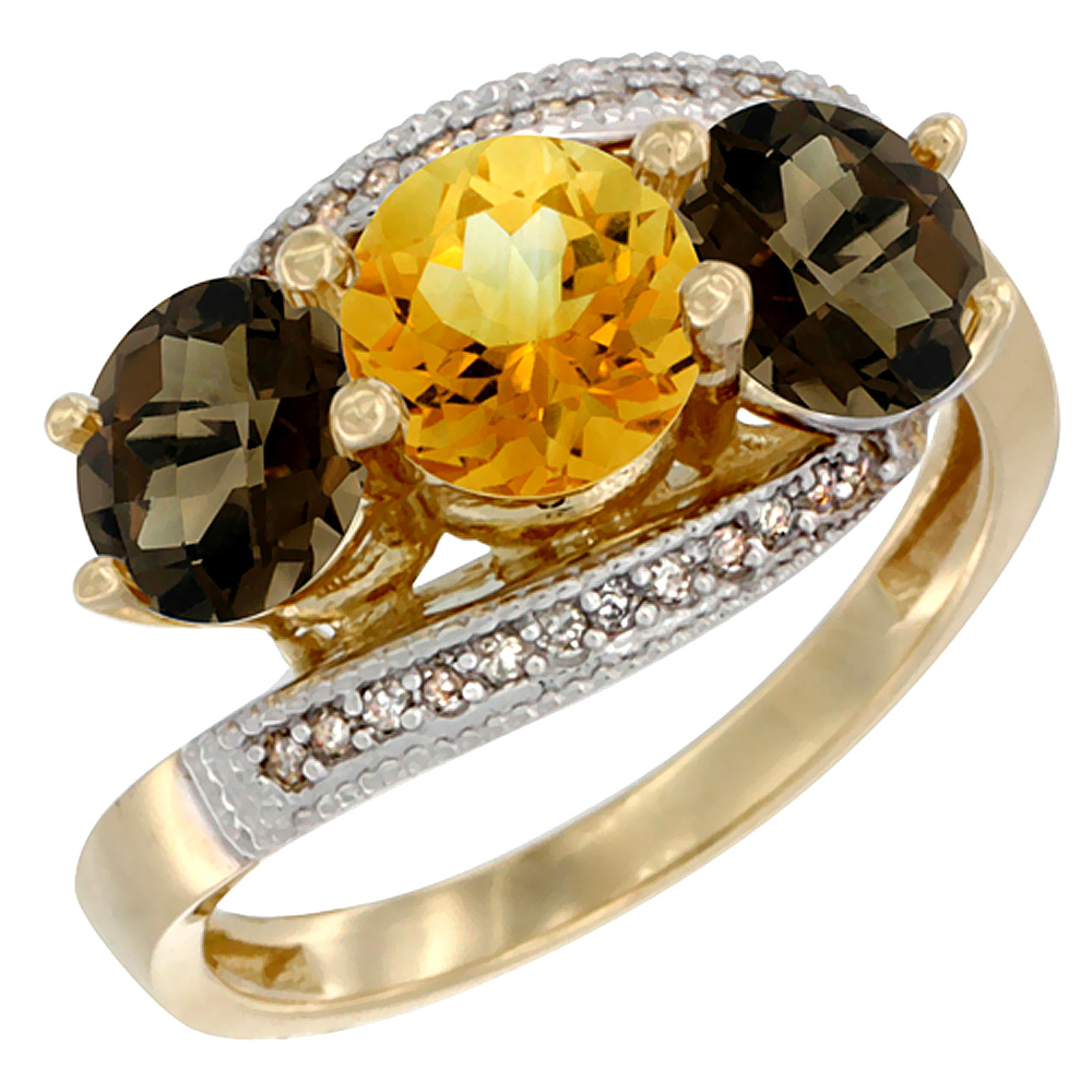 14K Yellow Gold Natural Citrine &amp; Smoky Topaz Sides 3 stone Ring Round 6mm Diamond Accent, sizes 5 - 10