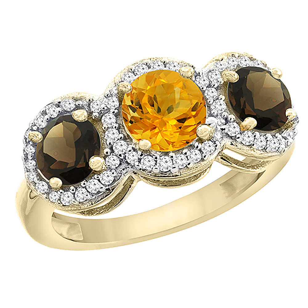 10K Yellow Gold Natural Citrine & Smoky Topaz Sides Round 3-stone Ring Diamond Accents, sizes 5 - 10