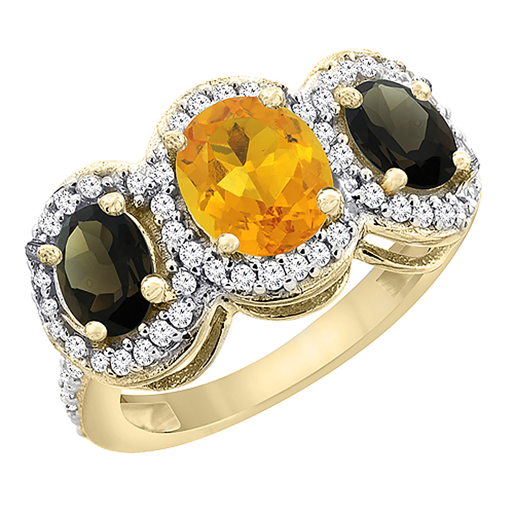 14K Yellow Gold Natural Citrine & Smoky Topaz 3-Stone Ring Oval Diamond Accent, sizes 5 - 10