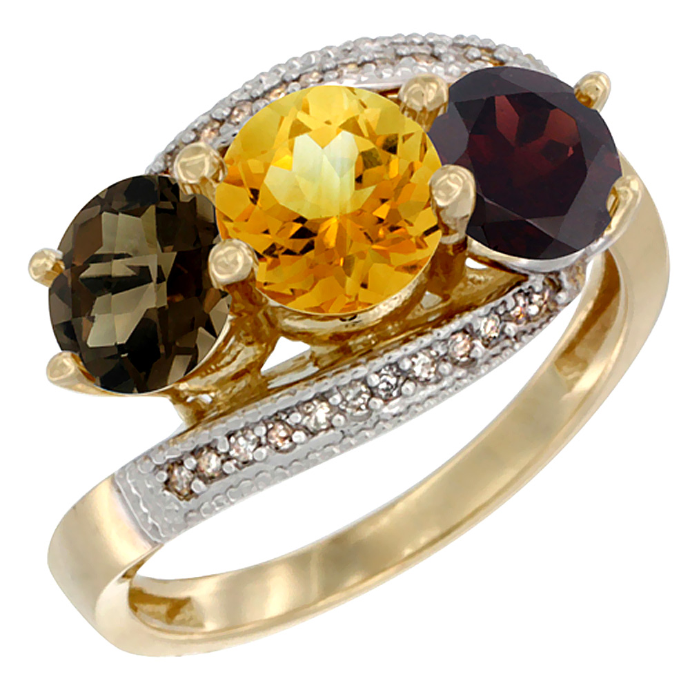 10K Yellow Gold Natural Smoky Topaz, Citrine & Garnet 3 stone Ring Round 6mm Diamond Accent, sizes 5 - 10