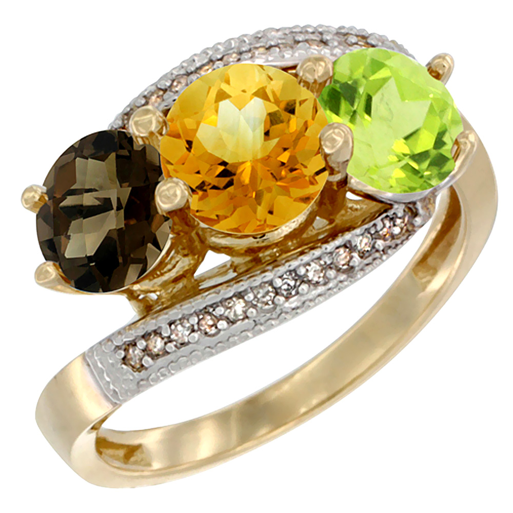 10K Yellow Gold Natural Smoky Topaz, Citrine & Peridot 3 stone Ring Round 6mm Diamond Accent, sizes 5 - 10
