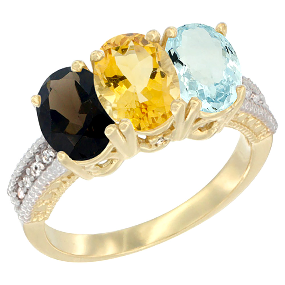 14K Yellow Gold Natural Smoky Topaz, Citrine &amp; Aquamarine Ring 3-Stone 7x5 mm Oval Diamond Accent, sizes 5 - 10