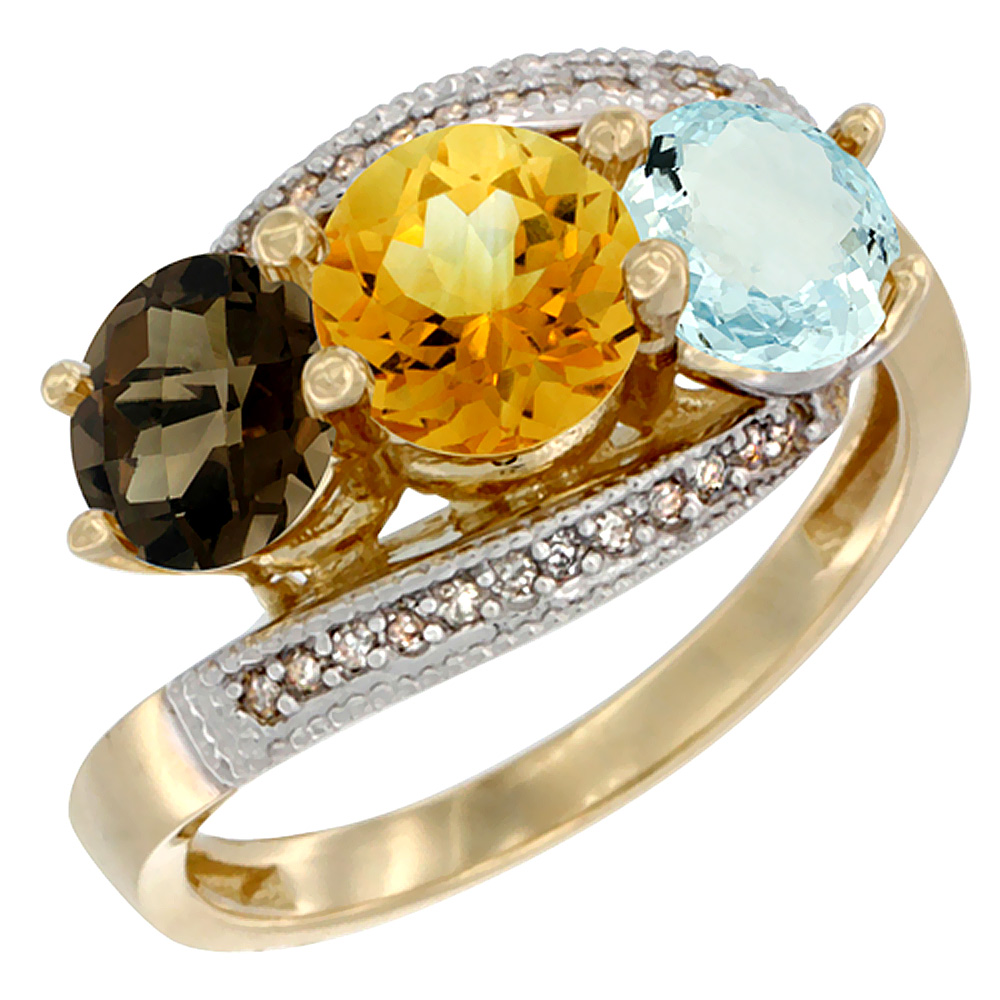 10K Yellow Gold Natural Smoky Topaz, Citrine & Aquamarine 3 stone Ring Round 6mm Diamond Accent, sizes 5 - 10