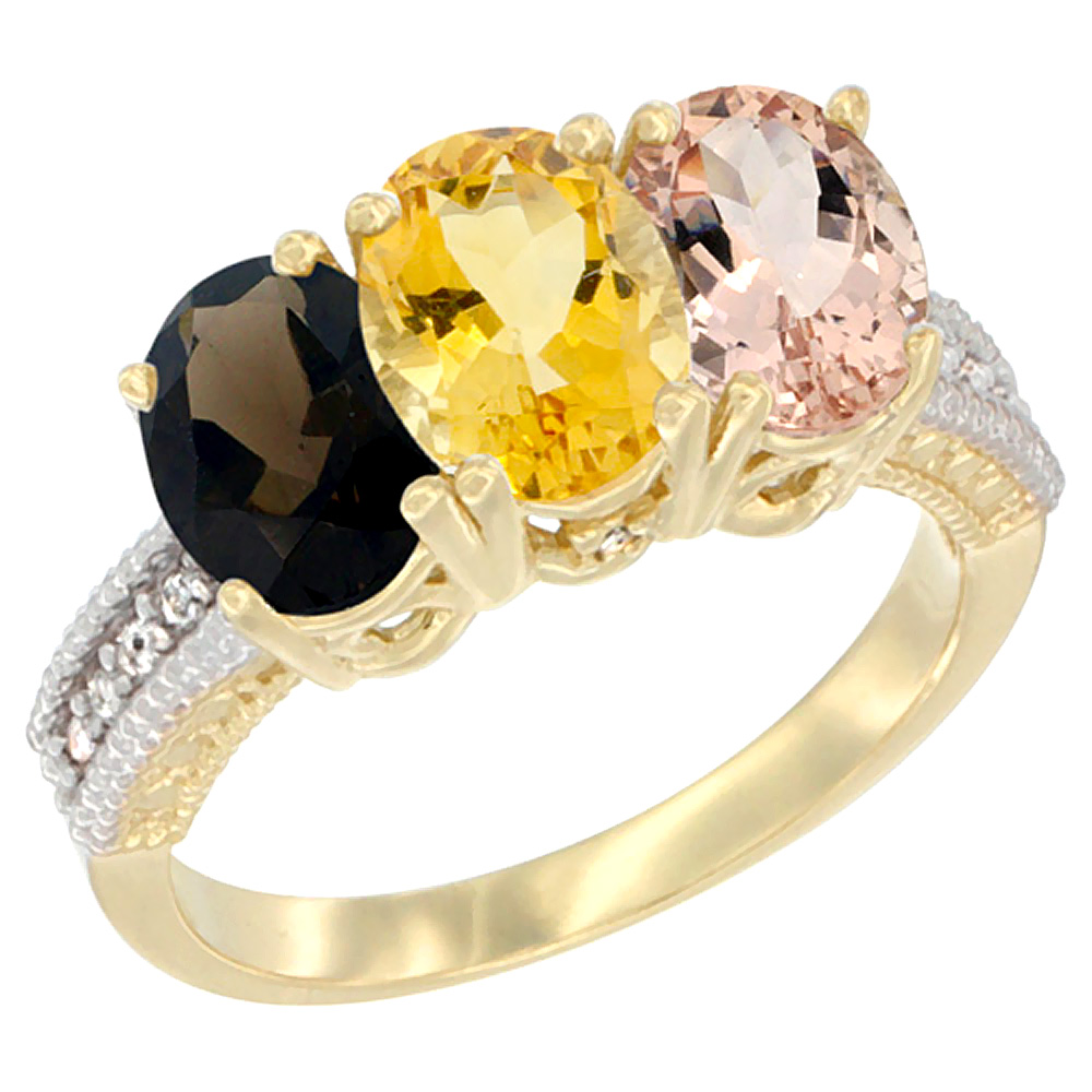 14K Yellow Gold Natural Smoky Topaz, Citrine &amp; Morganite Ring 3-Stone 7x5 mm Oval Diamond Accent, sizes 5 - 10