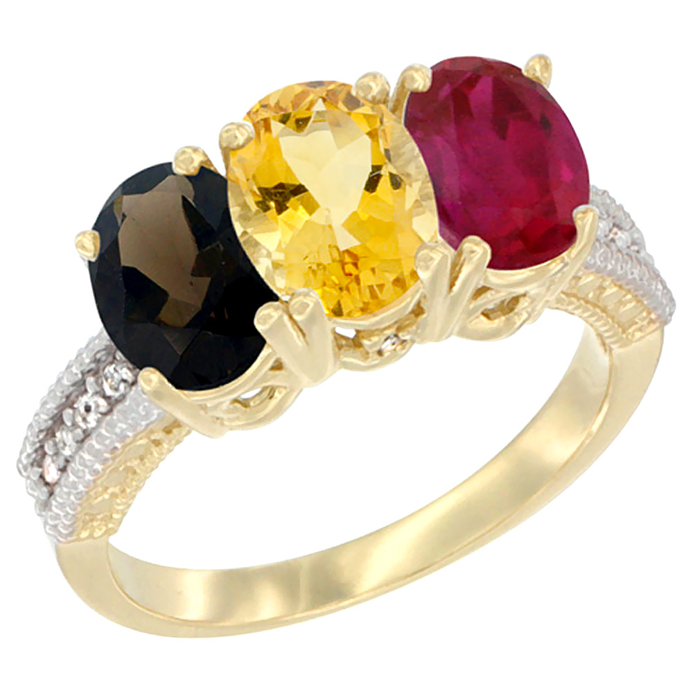 14K Yellow Gold Natural Smoky Topaz, Citrine &amp; Enhanced Ruby Ring 3-Stone 7x5 mm Oval Diamond Accent, sizes 5 - 10