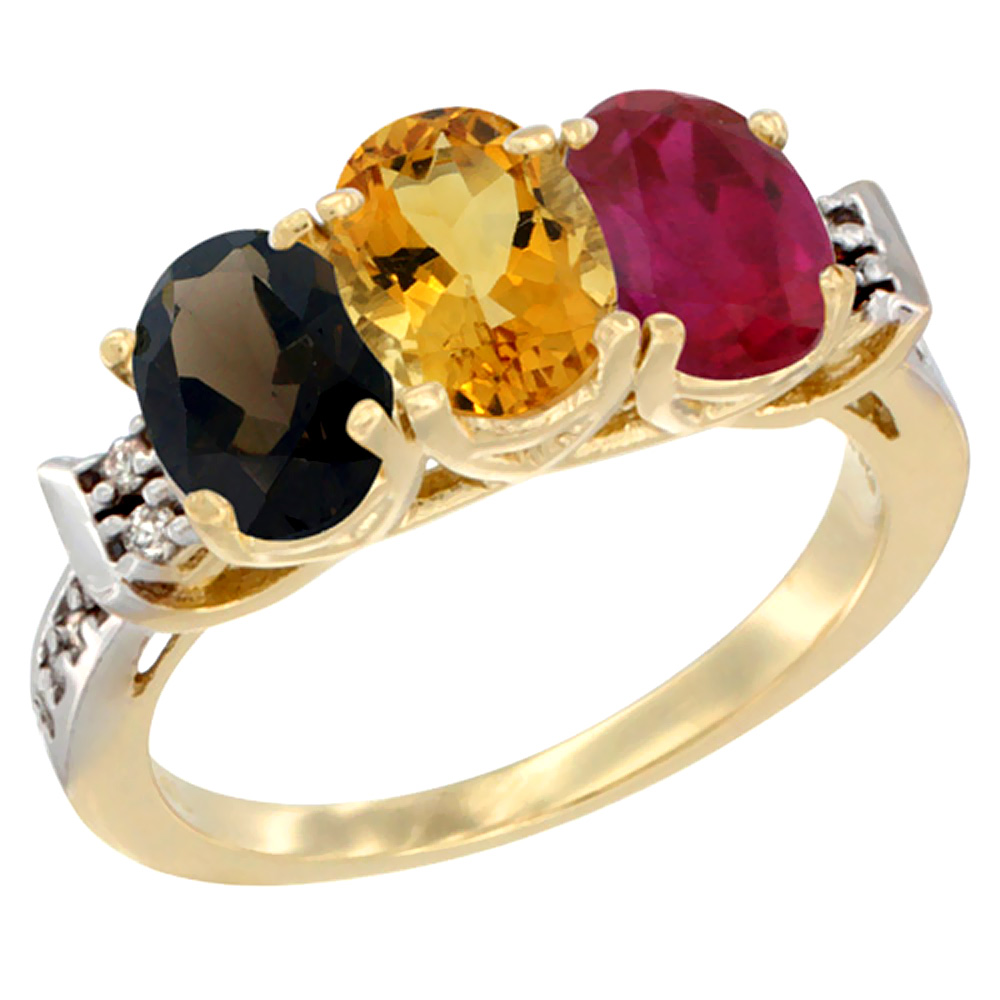 10K Yellow Gold Natural Smoky Topaz, Citrine &amp; Enhanced Ruby Ring 3-Stone Oval 7x5 mm Diamond Accent, sizes 5 - 10