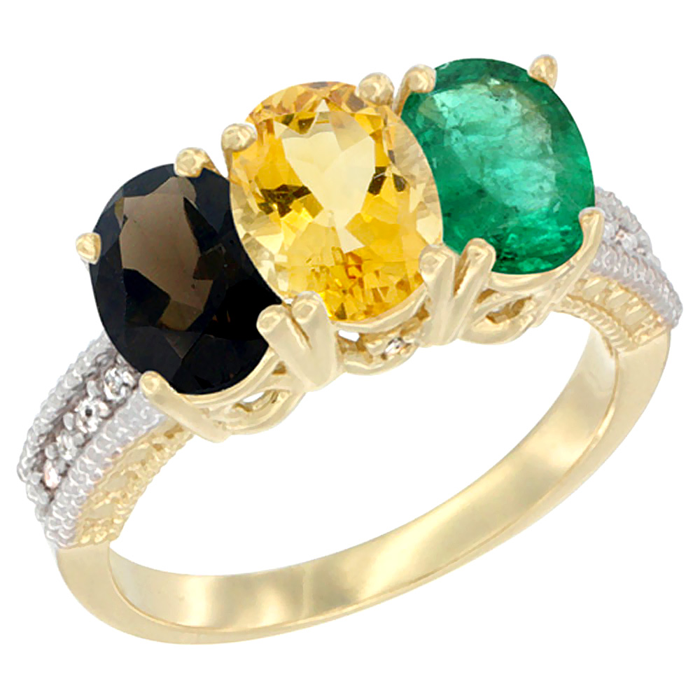 14K Yellow Gold Natural Smoky Topaz, Citrine &amp; Emerald Ring 3-Stone 7x5 mm Oval Diamond Accent, sizes 5 - 10