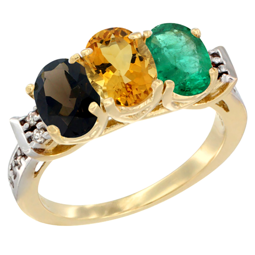 10K Yellow Gold Natural Smoky Topaz, Citrine & Emerald Ring 3-Stone Oval 7x5 mm Diamond Accent, sizes 5 - 10