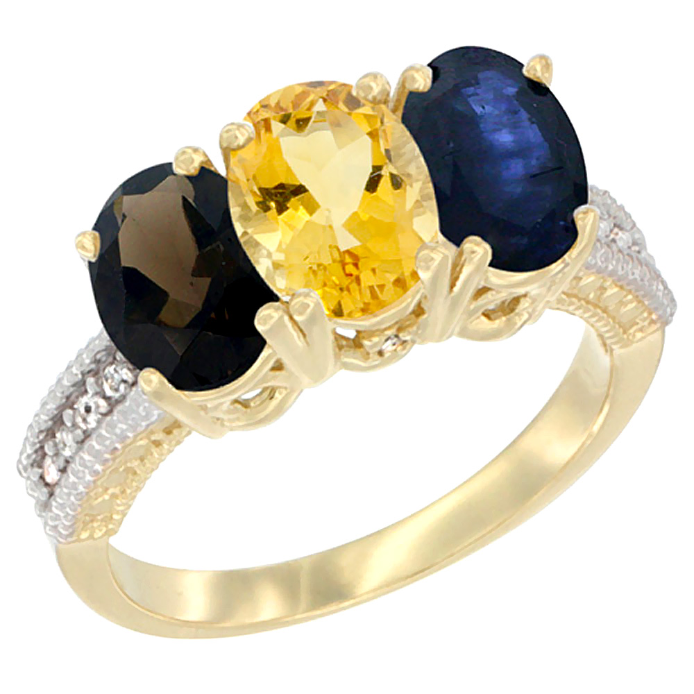 10K Yellow Gold Diamond Natural Smoky Topaz, Citrine &amp; Blue Sapphire Ring 3-Stone 7x5 mm Oval, sizes 5 - 10