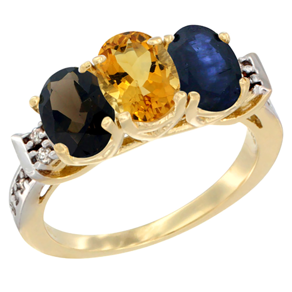 14K Yellow Gold Natural Smoky Topaz, Citrine &amp; Blue Sapphire Ring 3-Stone Oval 7x5 mm Diamond Accent, sizes 5 - 10