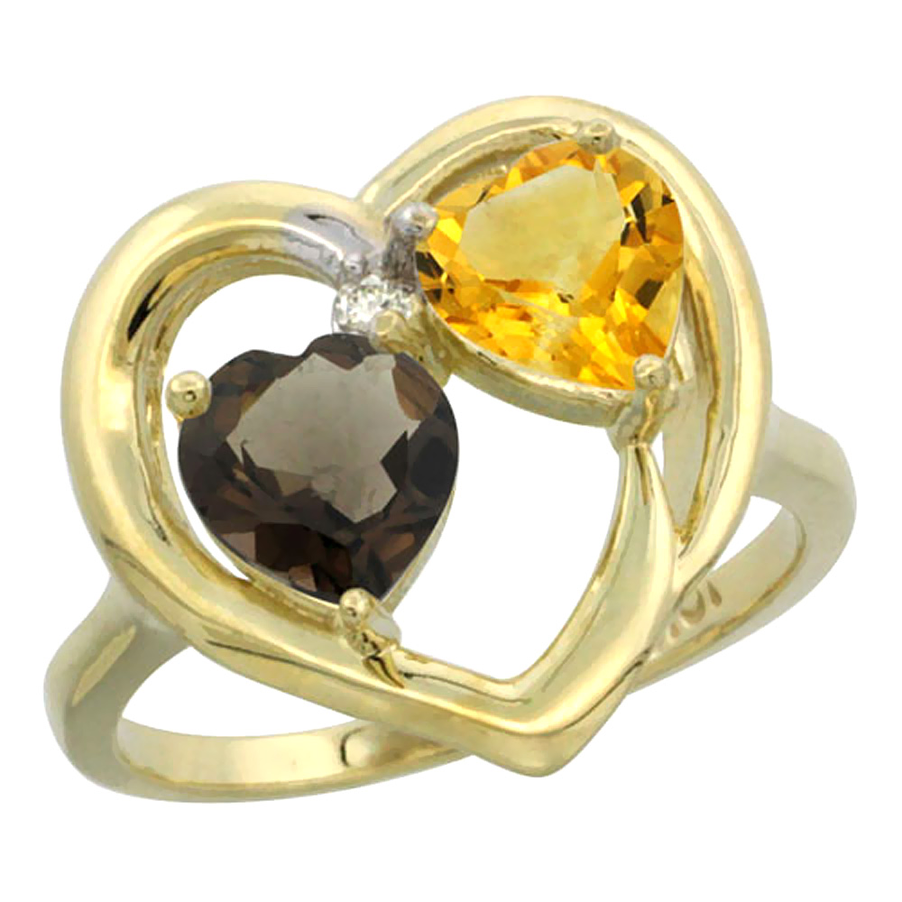 10K Yellow Gold Diamond Two-stone Heart Ring 6mm Natural Smoky Topaz &amp; Citrine, sizes 5-10