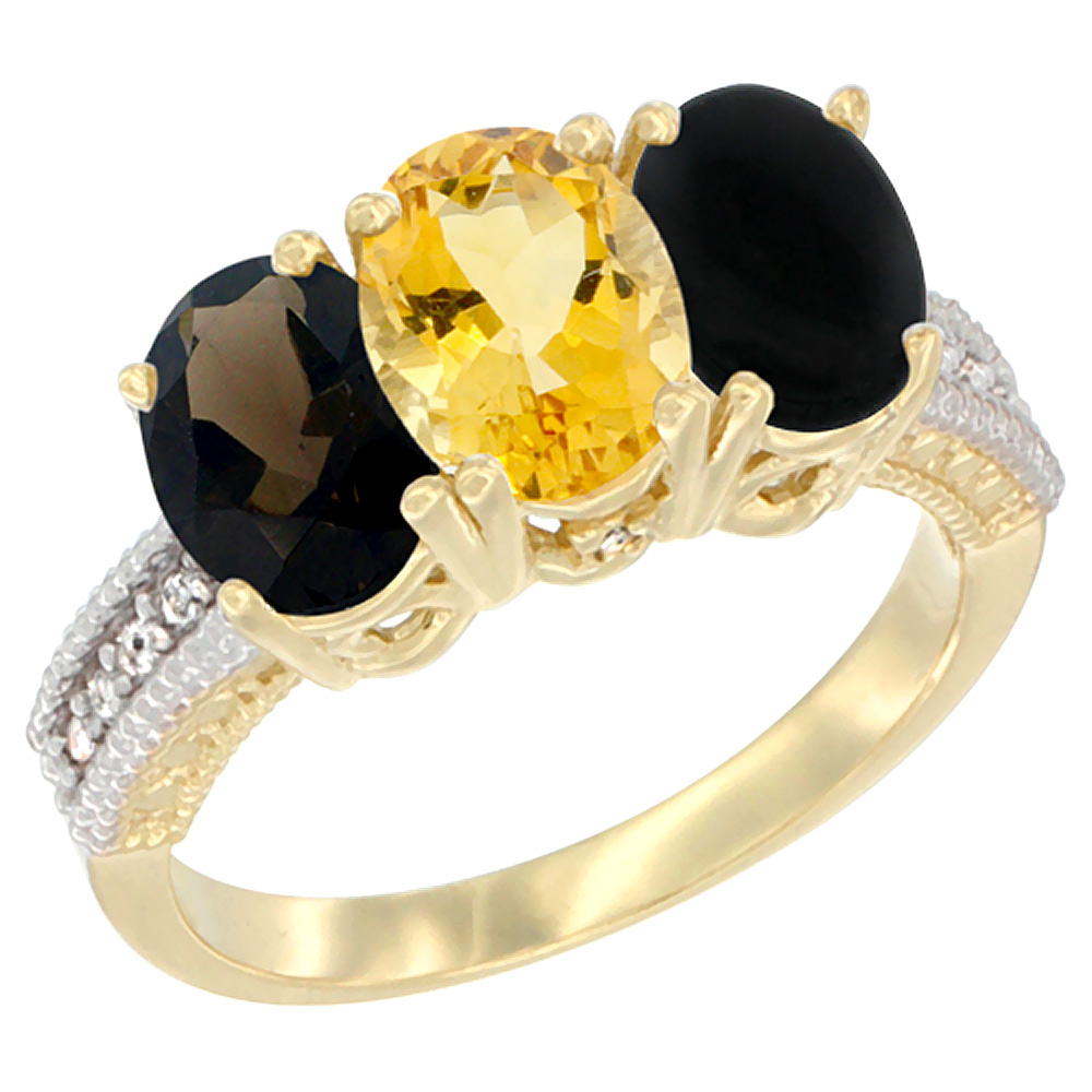 10K Yellow Gold Diamond Natural Smoky Topaz, Citrine &amp; Black Onyx Ring 3-Stone 7x5 mm Oval, sizes 5 - 10
