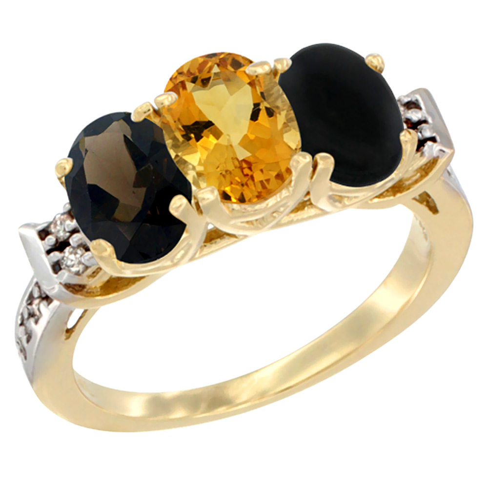 14K Yellow Gold Natural Smoky Topaz, Citrine &amp; Black Onyx Ring 3-Stone Oval 7x5 mm Diamond Accent, sizes 5 - 10
