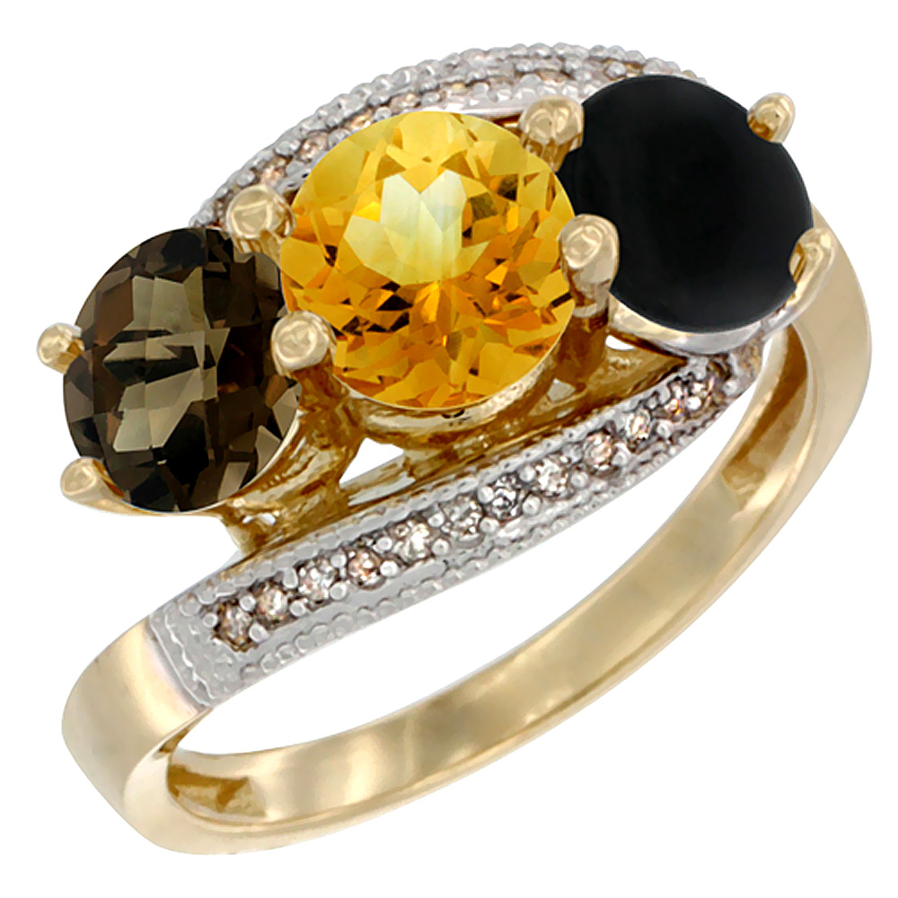 14K Yellow Gold Natural Smoky Topaz, Citrine & Black Onyx 3 stone Ring Round 6mm Diamond Accent, sizes 5 - 10