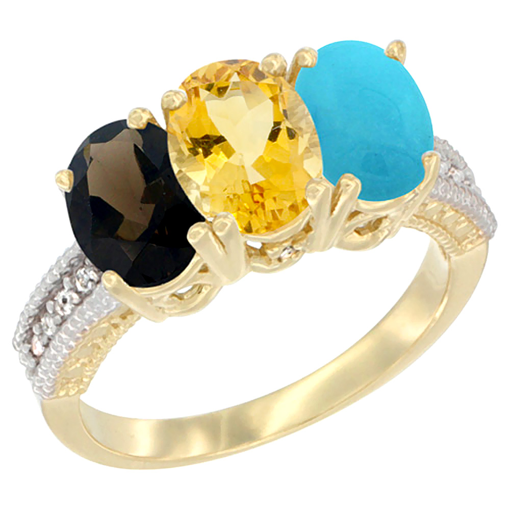 14K Yellow Gold Natural Smoky Topaz, Citrine &amp; Turquoise Ring 3-Stone 7x5 mm Oval Diamond Accent, sizes 5 - 10
