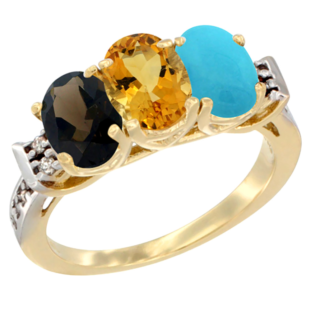 10K Yellow Gold Natural Smoky Topaz, Citrine &amp; Turquoise Ring 3-Stone Oval 7x5 mm Diamond Accent, sizes 5 - 10