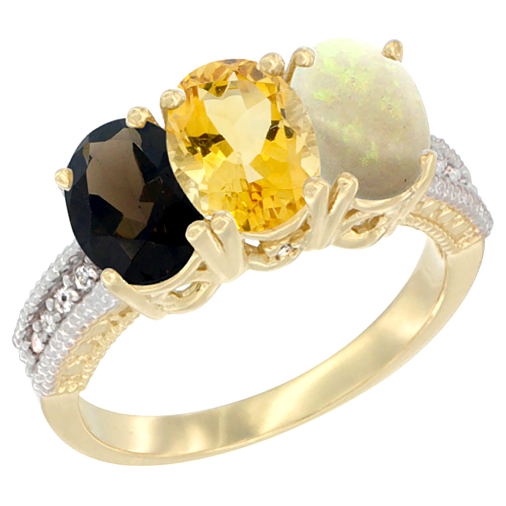 10K Yellow Gold Diamond Natural Smoky Topaz, Citrine &amp; Opal Ring 3-Stone 7x5 mm Oval, sizes 5 - 10