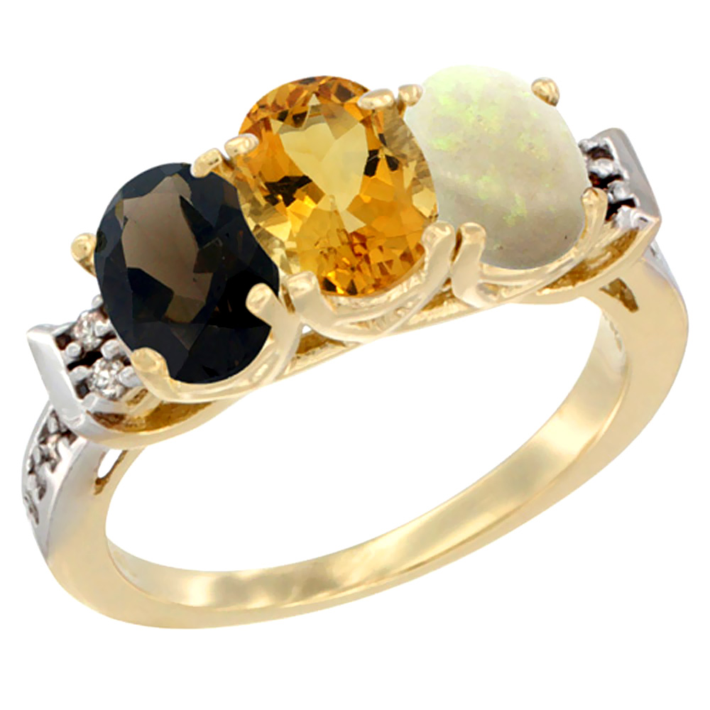 10K Yellow Gold Natural Smoky Topaz, Citrine &amp; Opal Ring 3-Stone Oval 7x5 mm Diamond Accent, sizes 5 - 10