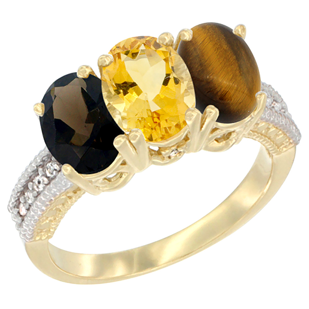 14K Yellow Gold Natural Smoky Topaz, Citrine &amp; Tiger Eye Ring 3-Stone 7x5 mm Oval Diamond Accent, sizes 5 - 10