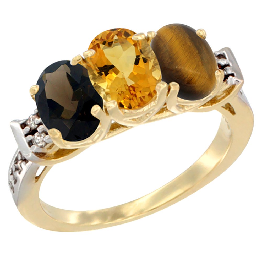 10K Yellow Gold Natural Smoky Topaz, Citrine &amp; Tiger Eye Ring 3-Stone Oval 7x5 mm Diamond Accent, sizes 5 - 10