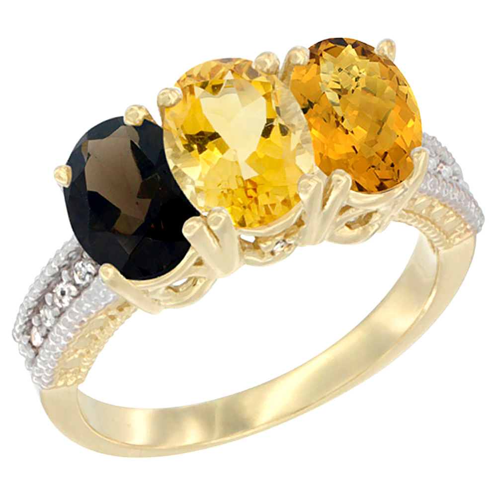 10K Yellow Gold Diamond Natural Smoky Topaz, Citrine & Whisky Quartz Ring 3-Stone 7x5 mm Oval, sizes 5 - 10