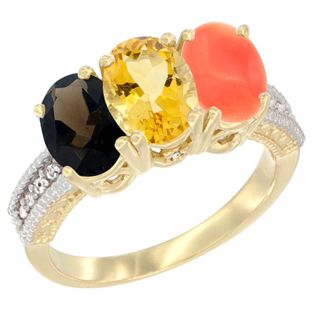14K Yellow Gold Natural Smoky Topaz, Citrine & Coral Ring 3-Stone 7x5 mm Oval Diamond Accent, sizes 5 - 10