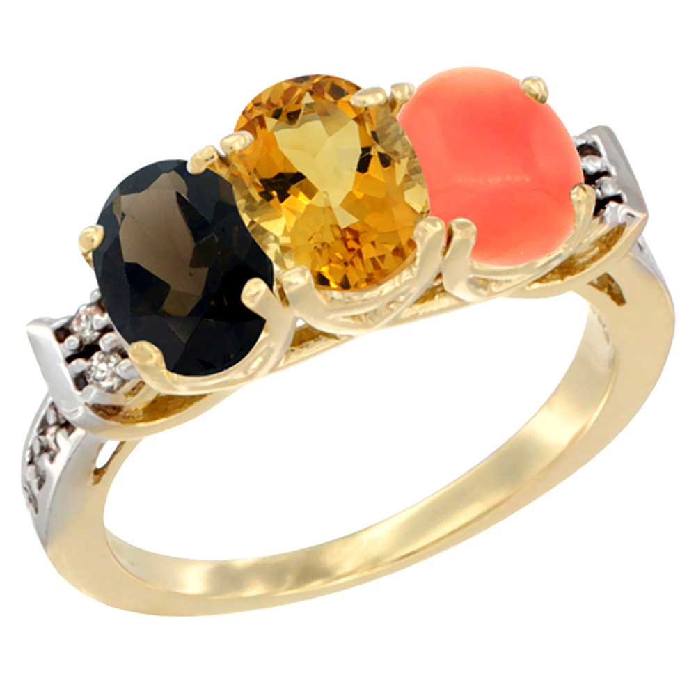 10K Yellow Gold Natural Smoky Topaz, Citrine & Coral Ring 3-Stone Oval 7x5 mm Diamond Accent, sizes 5 - 10