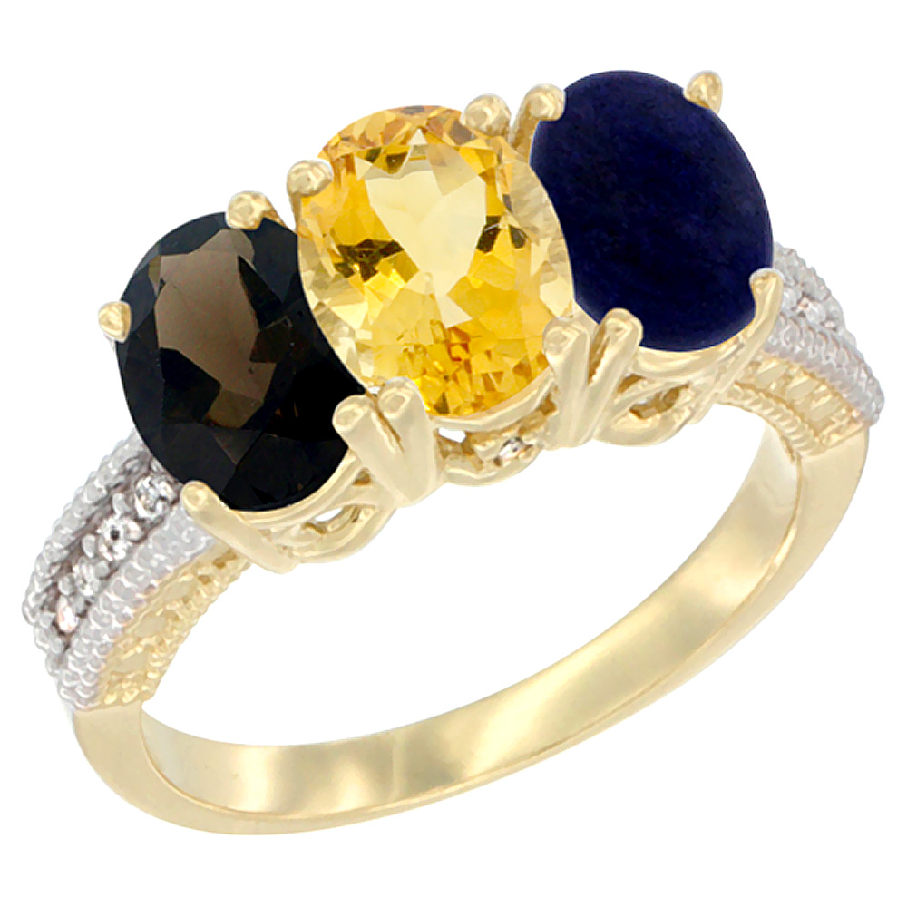14K Yellow Gold Natural Smoky Topaz, Citrine &amp; Lapis Ring 3-Stone 7x5 mm Oval Diamond Accent, sizes 5 - 10
