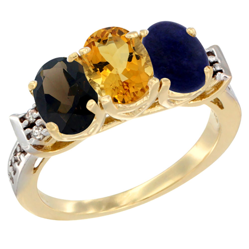 14K Yellow Gold Natural Smoky Topaz, Citrine &amp; Lapis Ring 3-Stone Oval 7x5 mm Diamond Accent, sizes 5 - 10