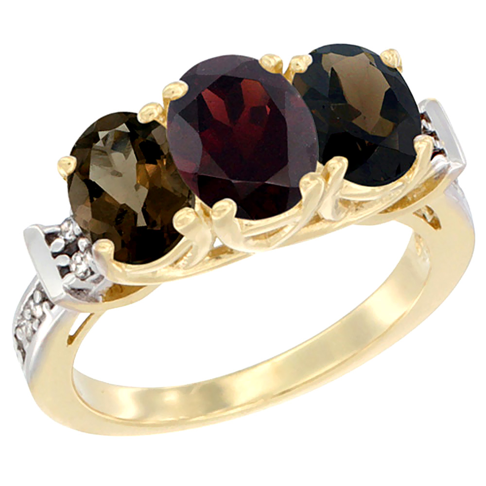 10K Yellow Gold Natural Garnet & Smoky Topaz Sides Ring 3-Stone Oval Diamond Accent, sizes 5 - 10