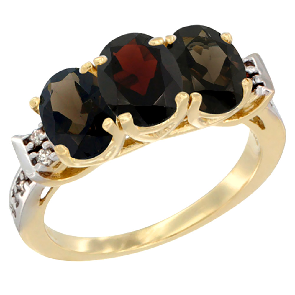 10K Yellow Gold Natural Garnet & Smoky Topaz Sides Ring 3-Stone Oval 7x5 mm Diamond Accent, sizes 5 - 10