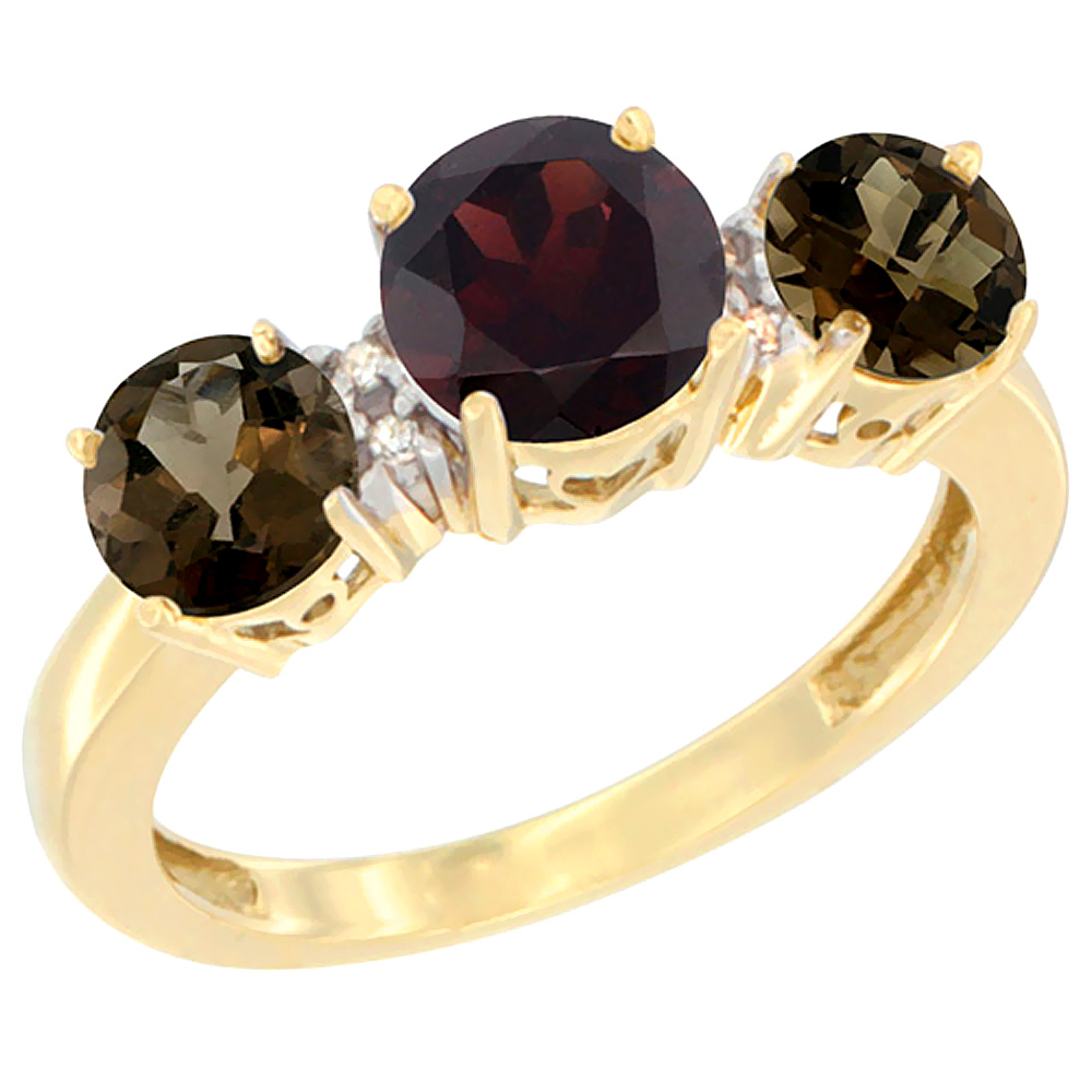 14K Yellow Gold Round 3-Stone Natural Garnet Ring &amp; Smoky Topaz Sides Diamond Accent, sizes 5 - 10