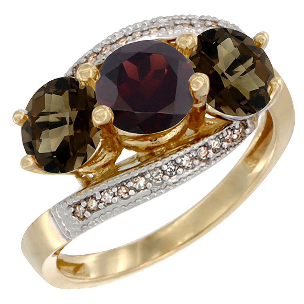 10K Yellow Gold Natural Garnet & Smoky Topaz Sides 3 stone Ring Round 6mm Diamond Accent, sizes 5 - 10