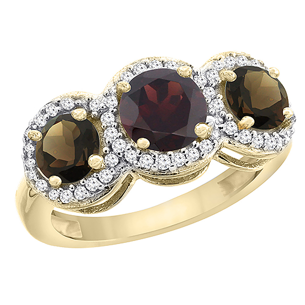 14K Yellow Gold Natural Garnet &amp; Smoky Topaz Sides Round 3-stone Ring Diamond Accents, sizes 5 - 10