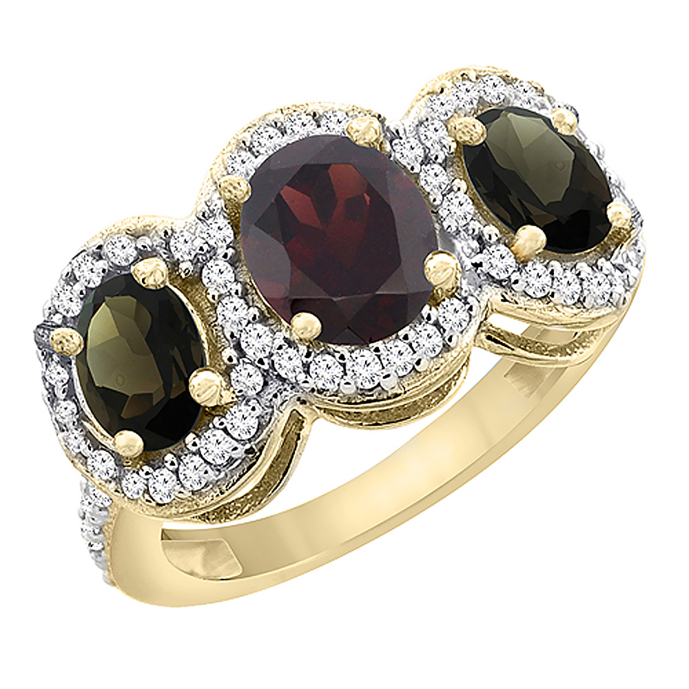 14K Yellow Gold Natural Garnet & Smoky Topaz 3-Stone Ring Oval Diamond Accent, sizes 5 - 10