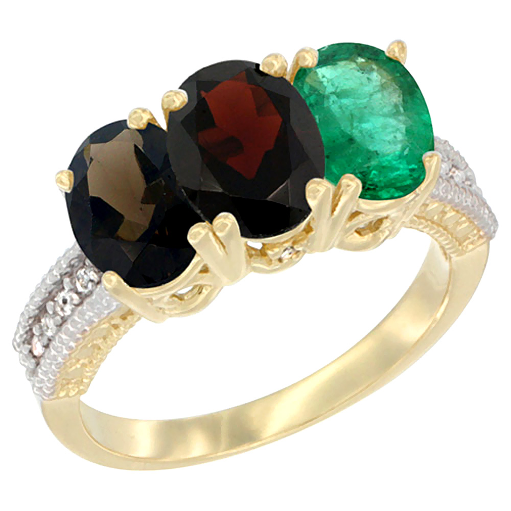 14K Yellow Gold Natural Smoky Topaz, Garnet & Emerald Ring 3-Stone 7x5 mm Oval Diamond Accent, sizes 5 - 10