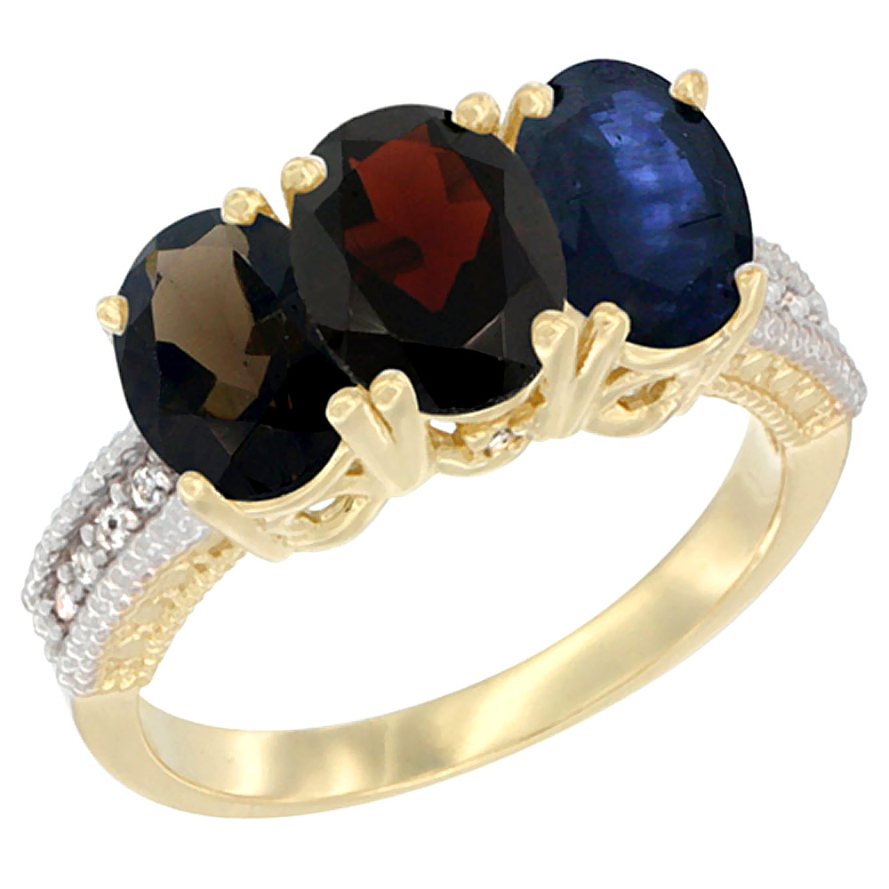 14K Yellow Gold Natural Smoky Topaz, Garnet &amp; Blue Sapphire Ring 3-Stone 7x5 mm Oval Diamond Accent, sizes 5 - 10