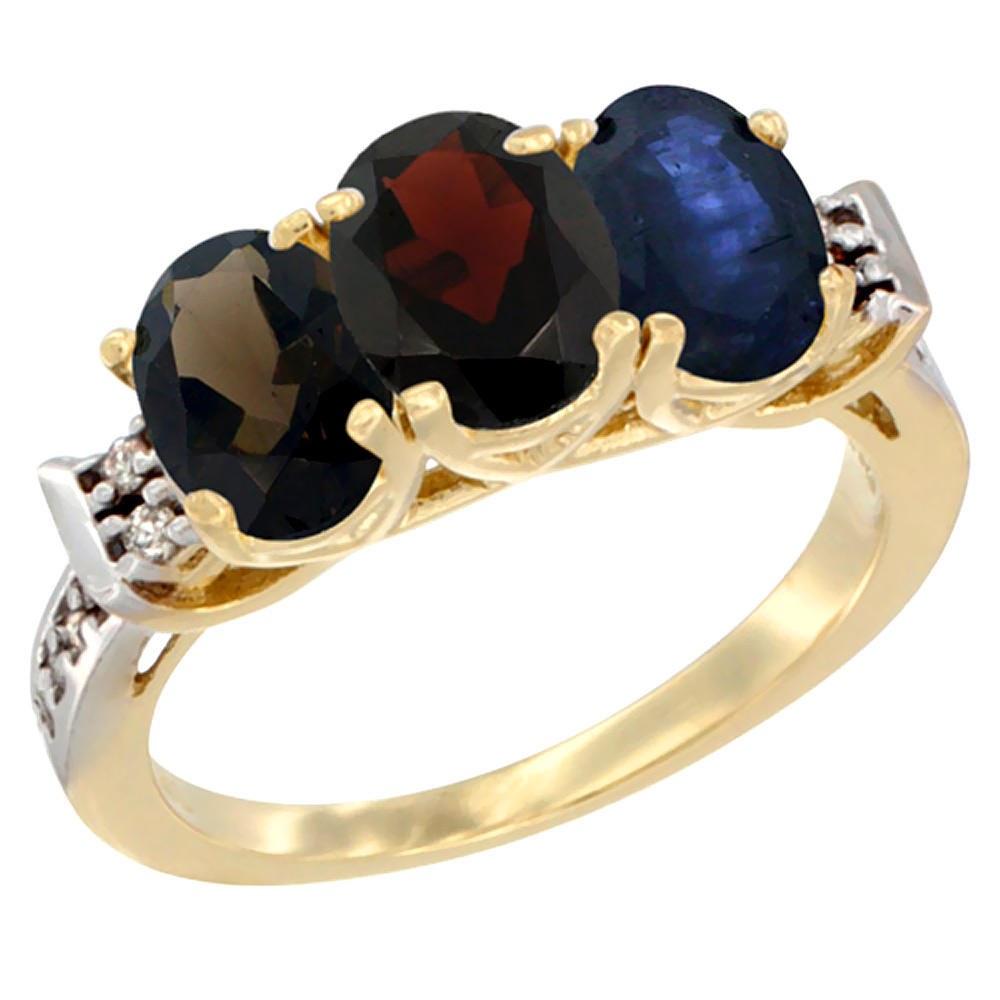 10K Yellow Gold Natural Smoky Topaz, Garnet & Blue Sapphire Ring 3-Stone Oval 7x5 mm Diamond Accent, sizes 5 - 10