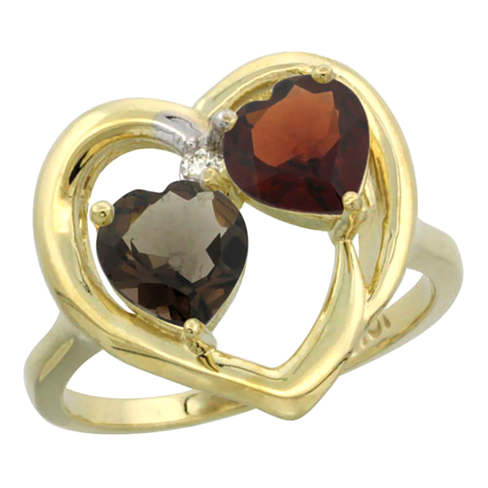 10K Yellow Gold Diamond Two-stone Heart Ring 6mm Natural Smoky Topaz &amp; Garnet, sizes 5-10